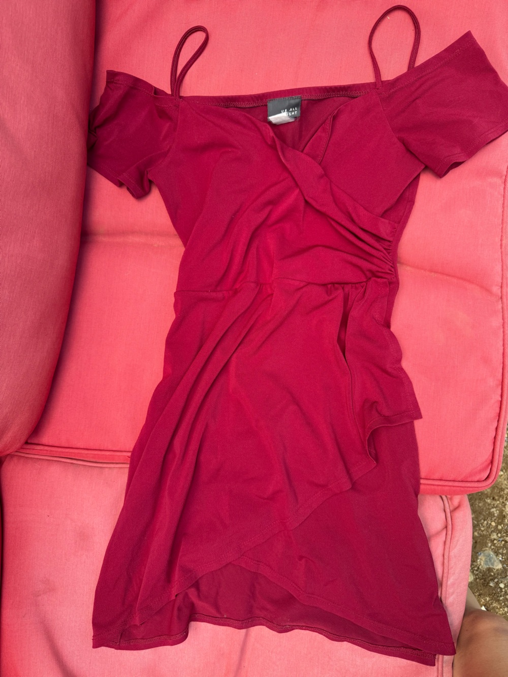 Fashion Nova Off-Shoulder Satin-Feel Chemise in Deep Raspberry
